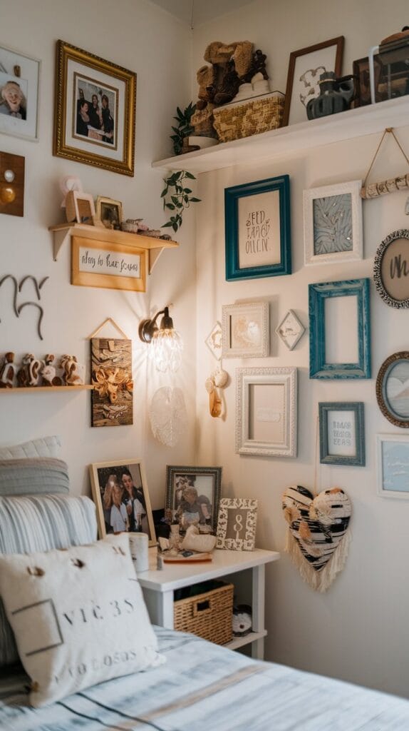 Small bedroom with personalized decor, framed photos, and unique accents.