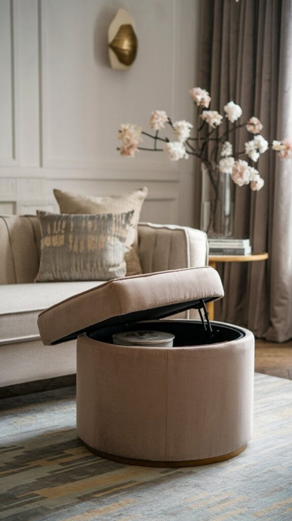 A fabric storage ottoman in a small living room, with its lid open to reveal hidden storage.