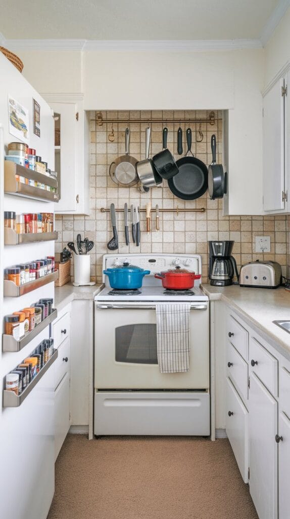 Magnetic storage solutions in a small kitchen, including a spice rack and knife strip.