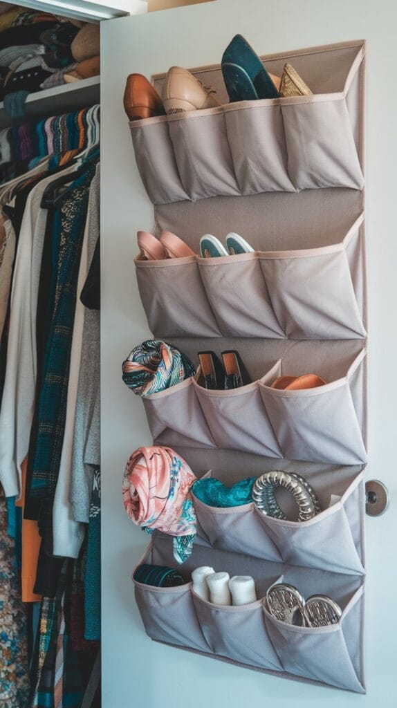 A closet door with a hanging organizer storing shoes and accessories.