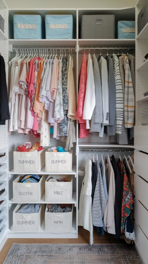 A closet with labeled storage bins for rotating seasonal clothes.