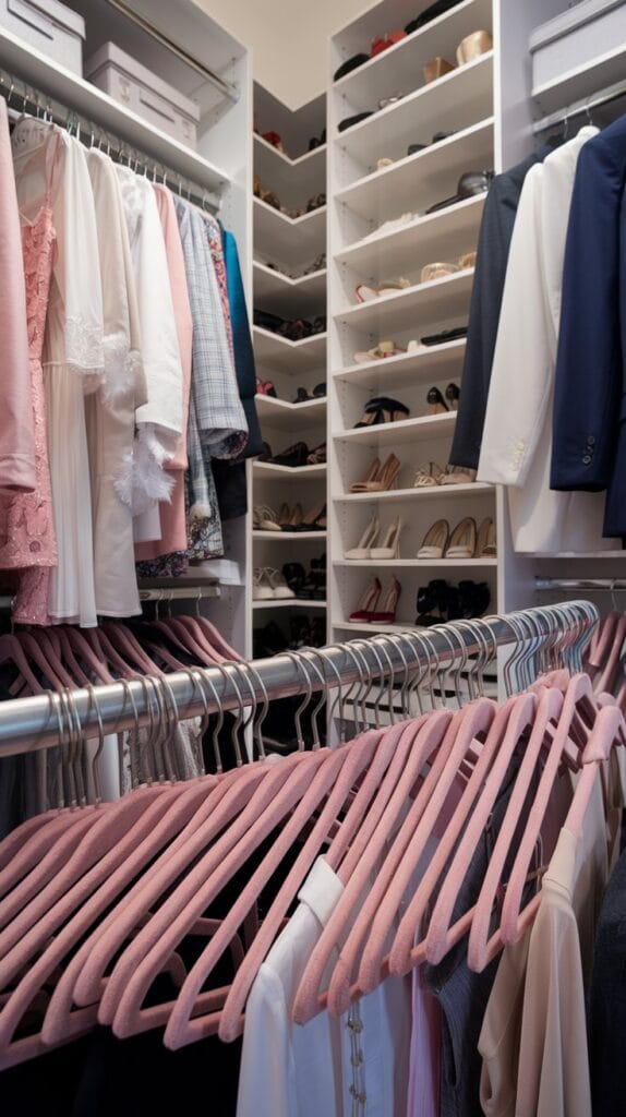 A closet featuring slim velvet hangers to save space and keep clothes organized.