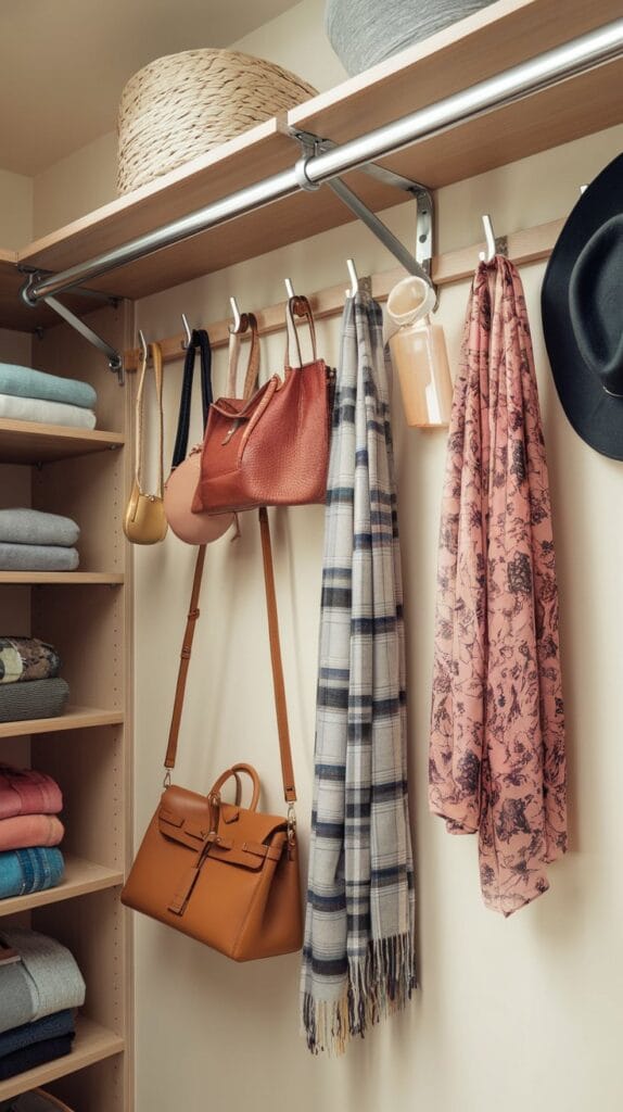 A closet with wall-mounted hooks for organizing accessories.
