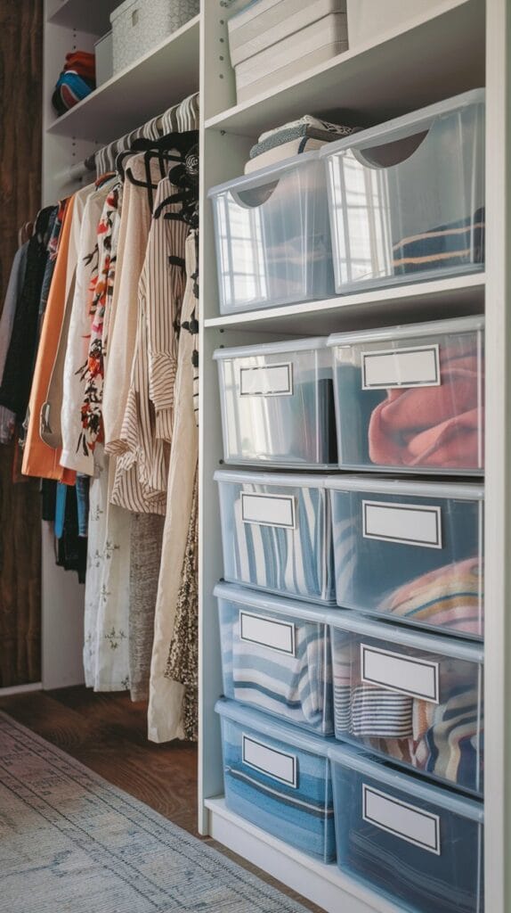A closet with labeled, clear storage bins for easy organization.