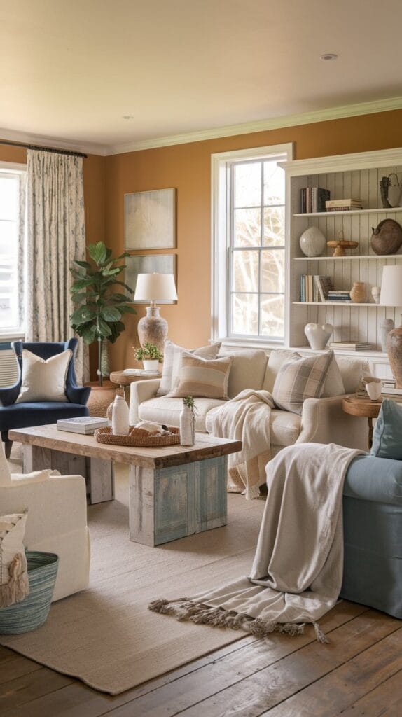 Coastal farmhouse living room with cozy throw blankets and pillows for added comfort and style.