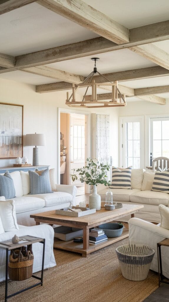 Coastal farmhouse living room with weathered wood accents, including reclaimed wood furniture and wooden ceiling beams.