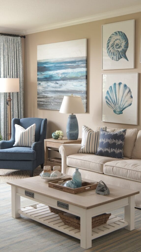 Coastal farmhouse living room with coastal artwork, including ocean-themed paintings and prints.