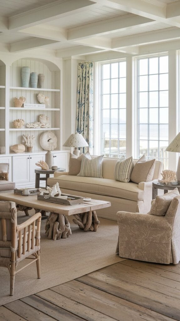 Coastal farmhouse living room with seaside-inspired accessories like driftwood, seashells, and coral.