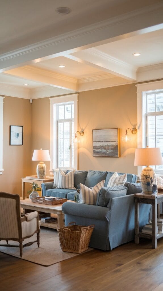Coastal farmhouse living room with soft, layered lighting from table lamps, sconces, and overhead lights.