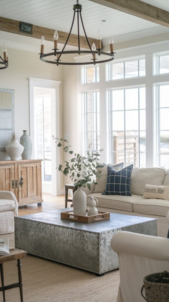 Coastal farmhouse living room with rustic metal accents, including a galvanized metal coffee table and wrought iron light fixtures.