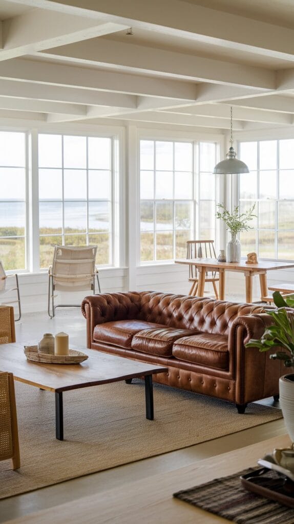 Coastal farmhouse living room with an open and airy layout, large windows, and minimal furniture.
