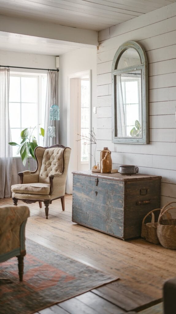 Coastal farmhouse living room with vintage and antique finds like a distressed wooden chest and an antique mirror.