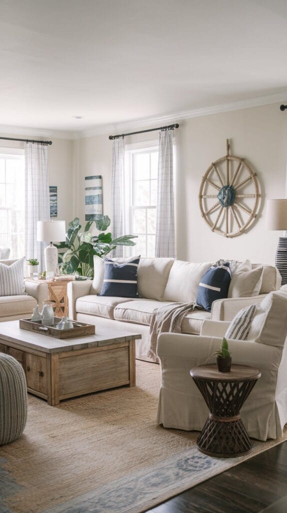 Coastal farmhouse living room with linen and cotton fabrics on furniture and accessories for a relaxed, breathable feel.