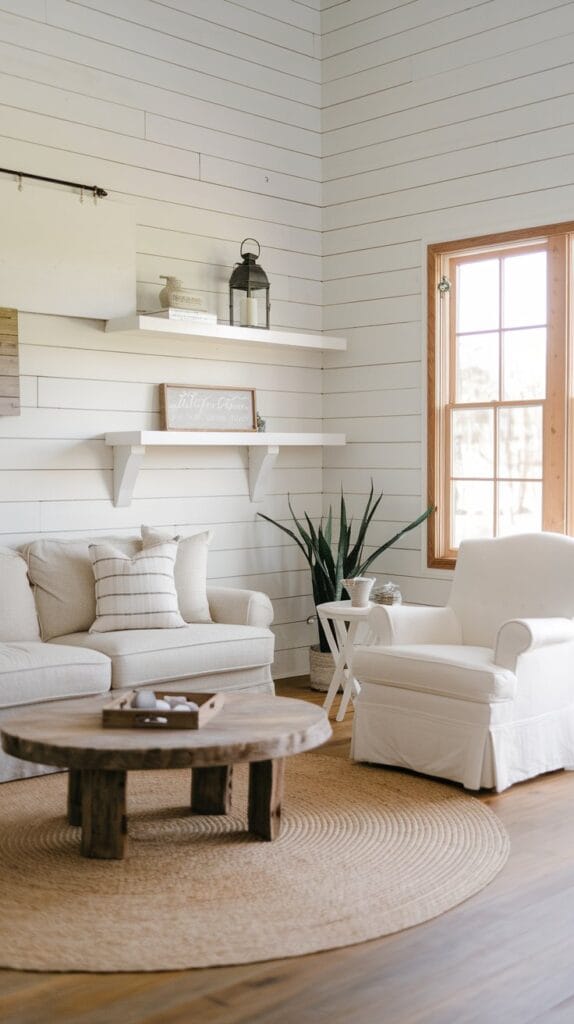 Coastal farmhouse living room with shiplap walls painted in soft white, adding texture and charm.