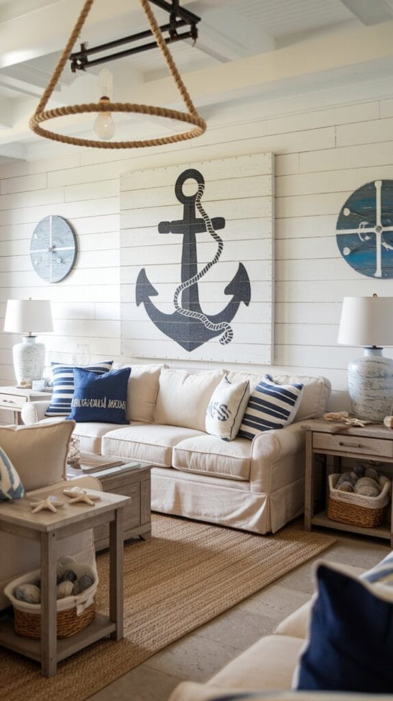 Coastal farmhouse living room with nautical-inspired decor like ropes, anchors, and seashells.