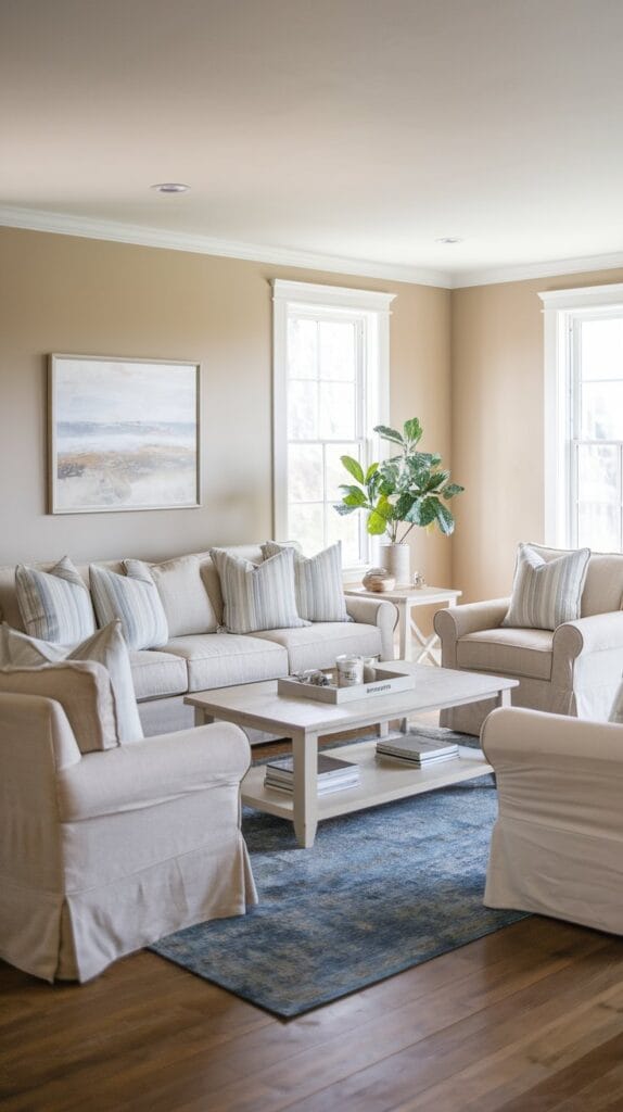 Coastal farmhouse living room with slipcovered furniture for a comfortable and easy-to-maintain look.