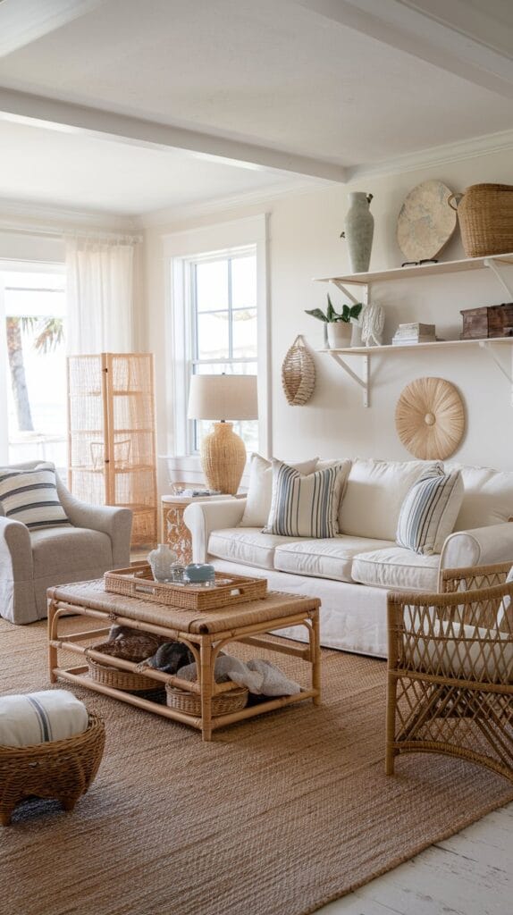 Coastal farmhouse living room with woven textures, including rattan, jute, and wicker accents.