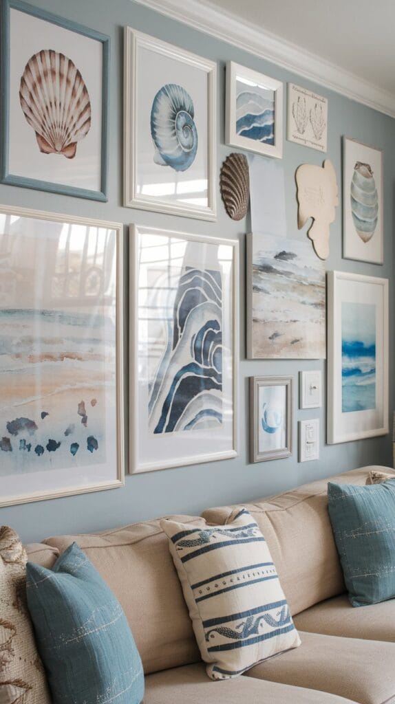 A living room wall decorated with coastal-themed artwork.