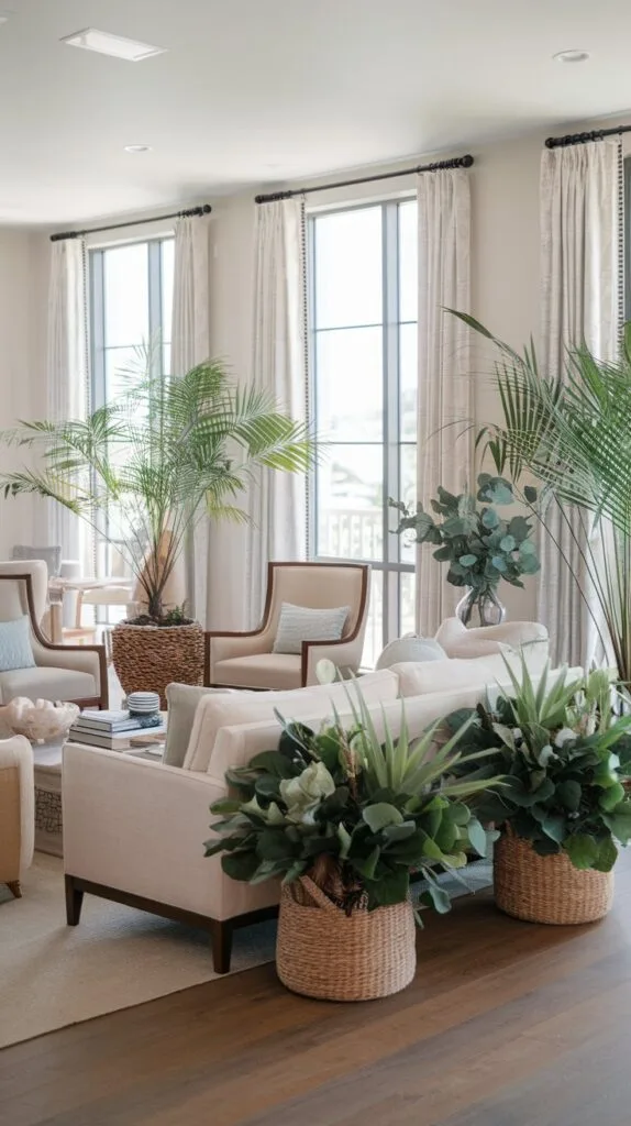 A coastal living room decorated with greenery and potted plants.