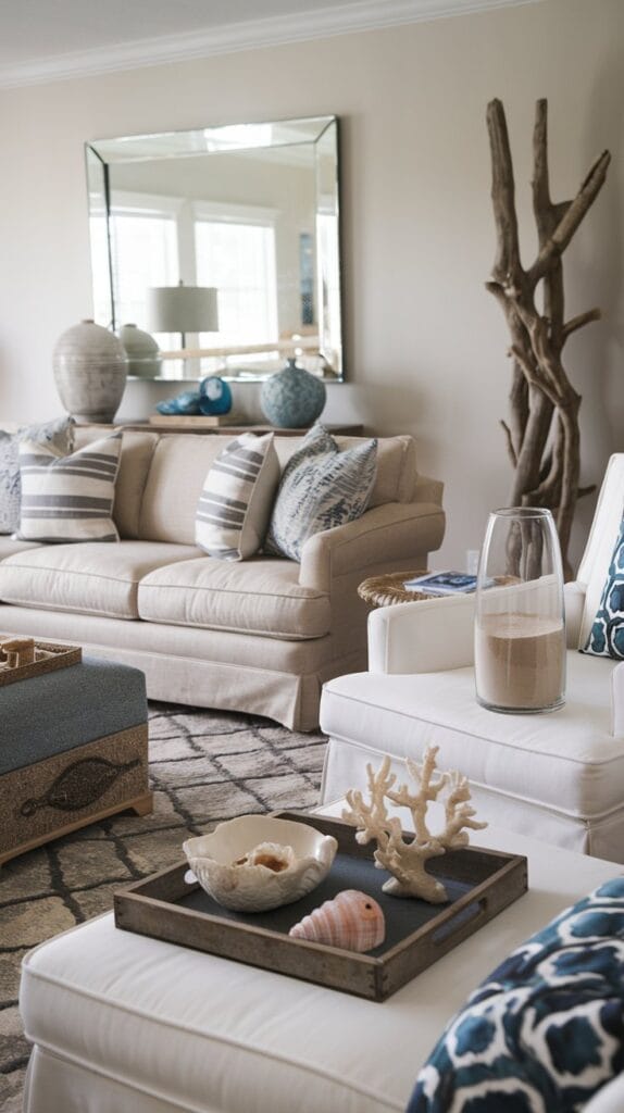  A coastal living room decorated with ocean-inspired accessories.