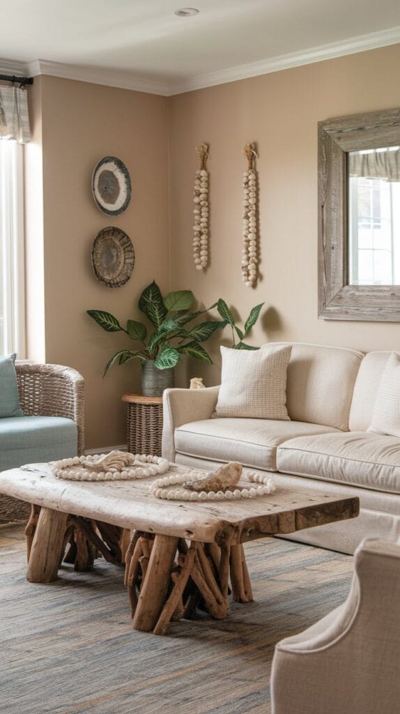 A living room with driftwood decor and seaside elements.