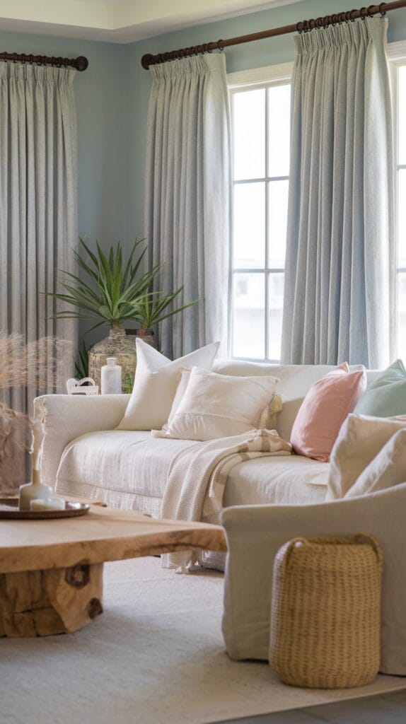 A coastal living room with soft linen and cotton fabric decor.