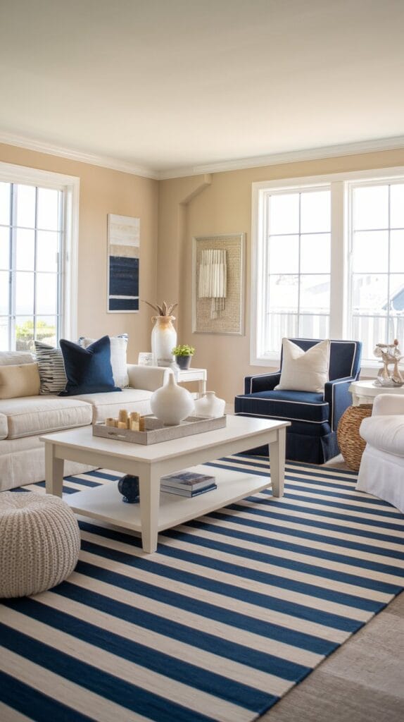 A coastal living room with a navy and white striped rug.