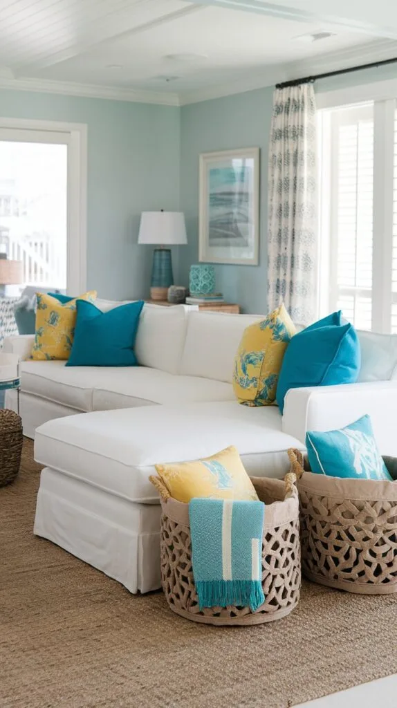 A coastal living room with woven baskets used for storage and decor.