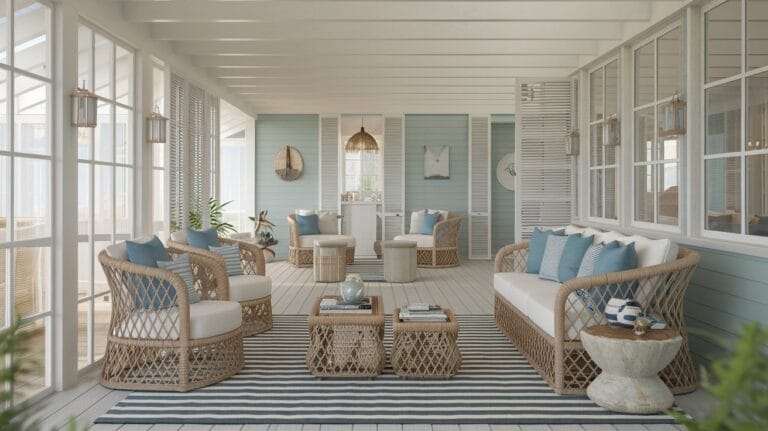 A stylish coastal living room with blue and white decor, natural textures, and nautical accents