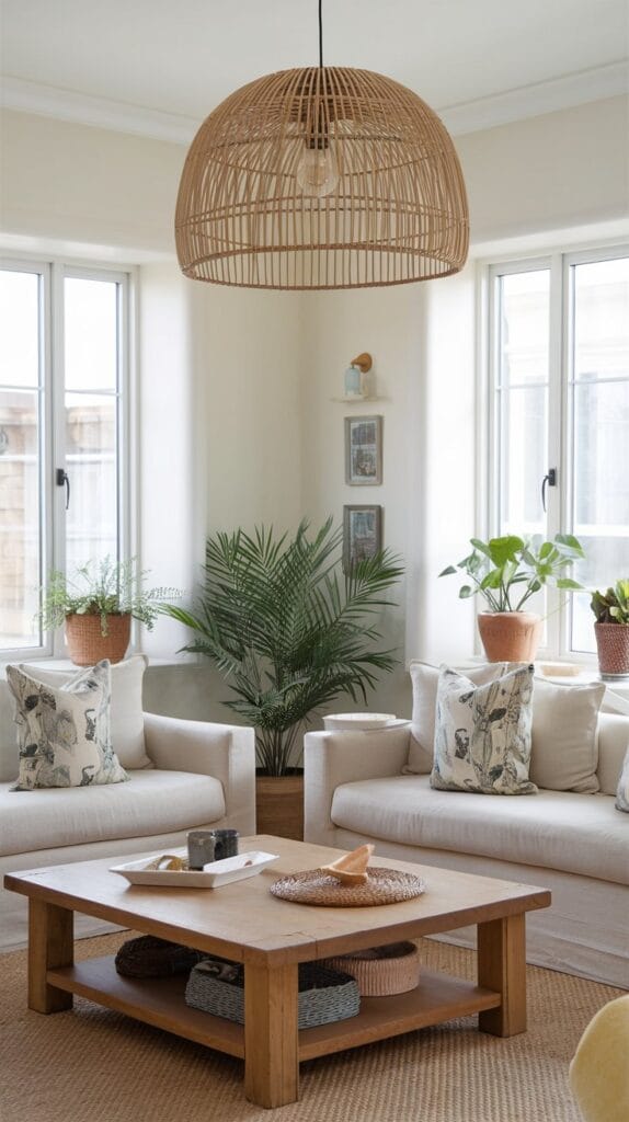  A coastal living room with statement rattan pendant lighting.