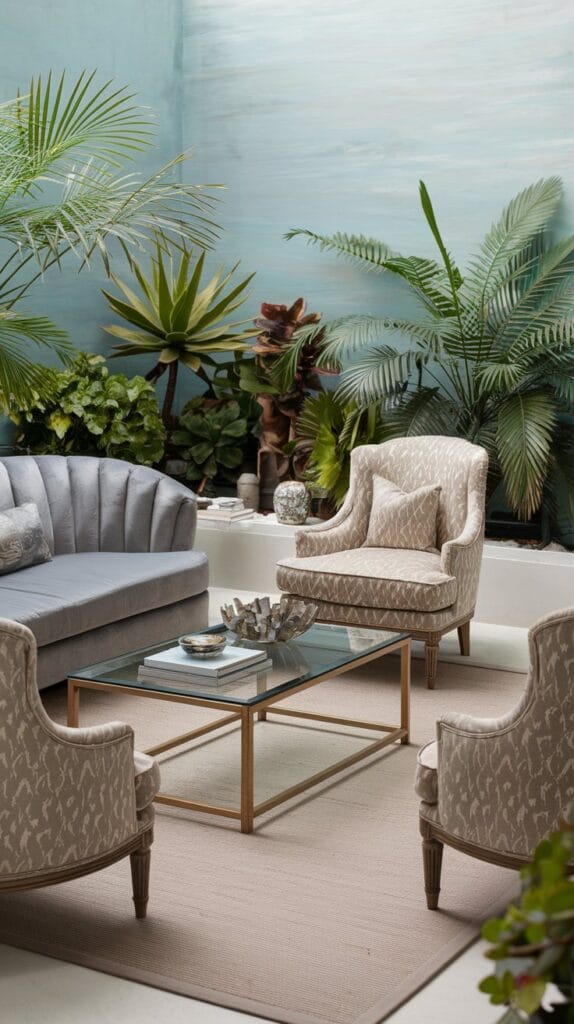A coastal living room decorated with lush indoor plants.