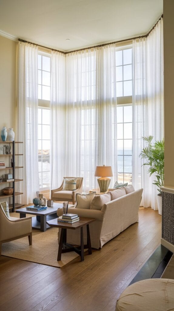A coastal living room with large windows and sheer curtains.