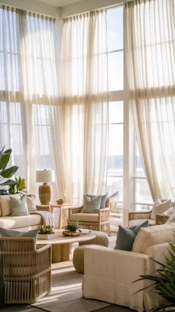 Sheer white curtains in a coastal living room, softly flowing with the breeze.