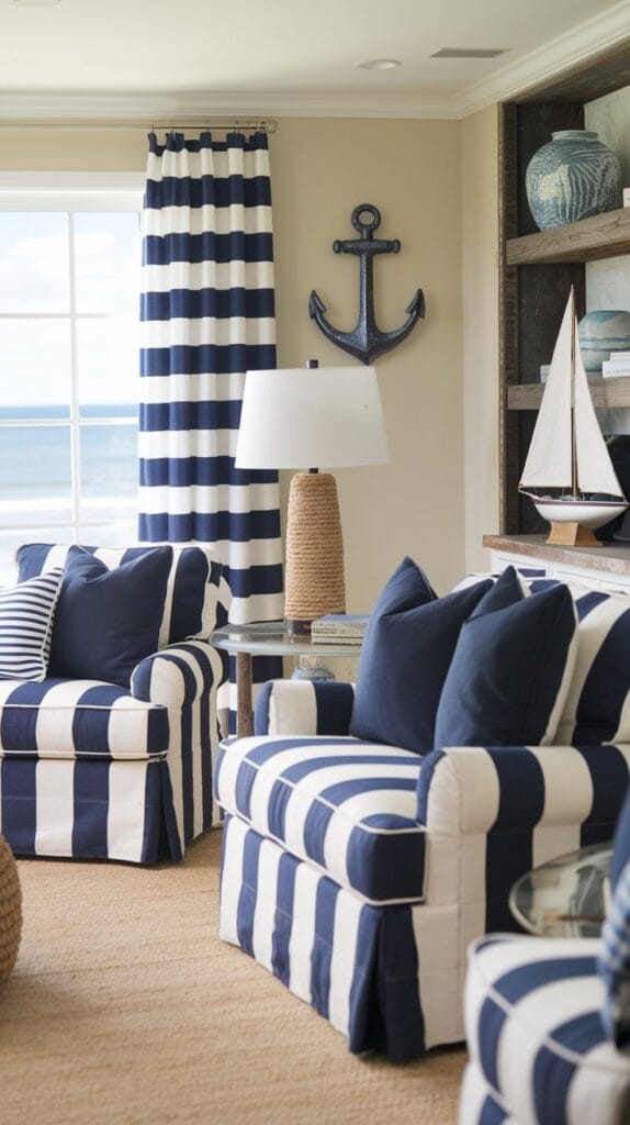 A coastal living room decorated with nautical-inspired elements.