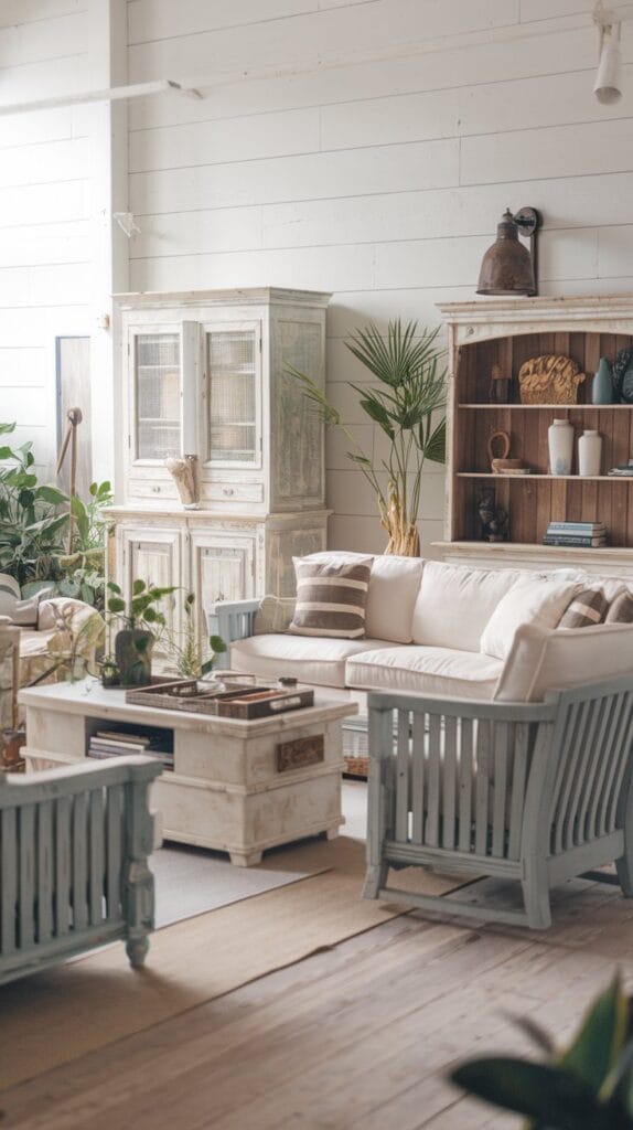 A coastal living room with whitewashed and weathered finishes.