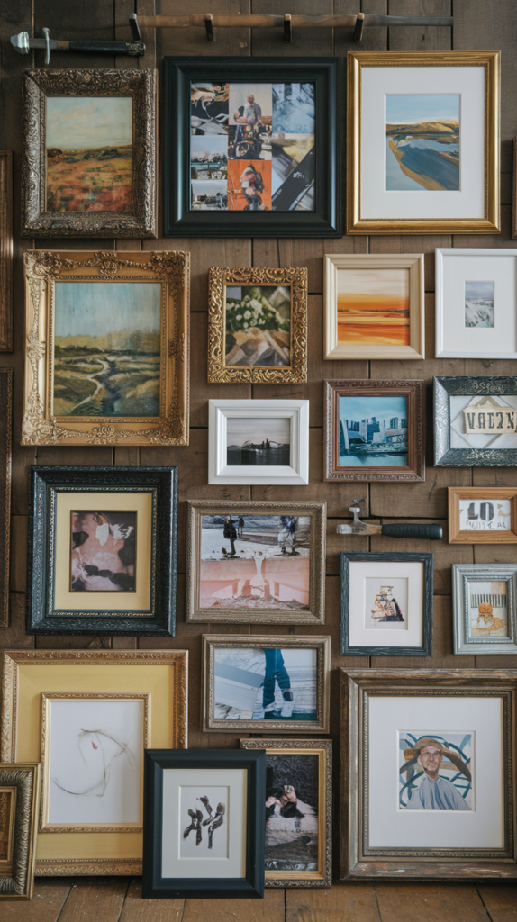 Collection of framed artwork and photos gathered for a gallery wall.
