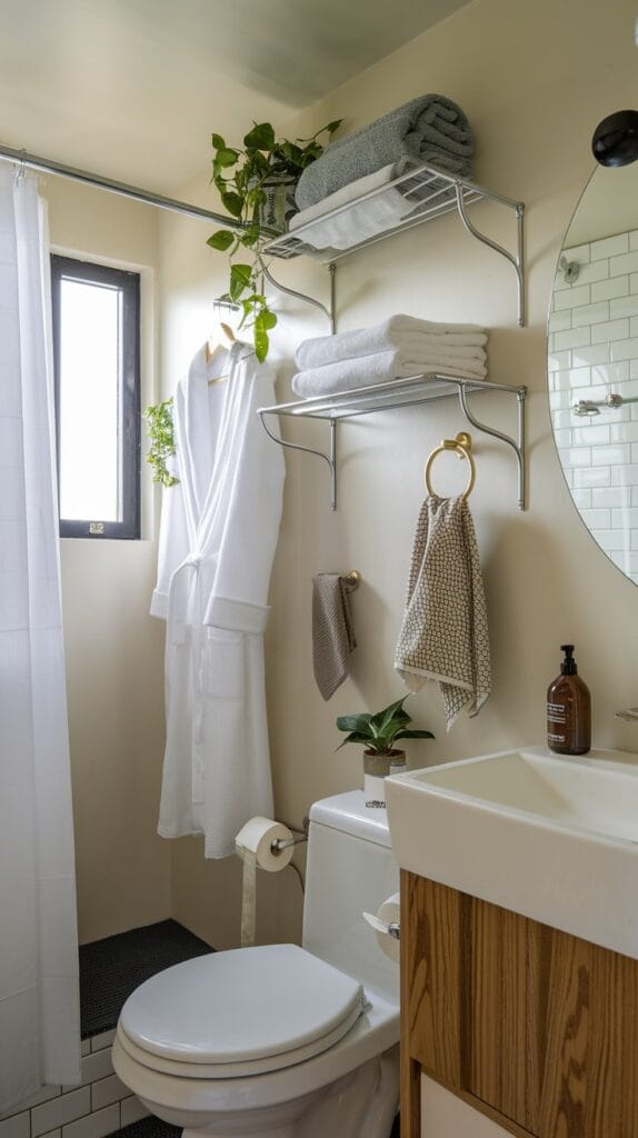 Hooks and racks mounted in a small bathroom for organizing towels and accessories.