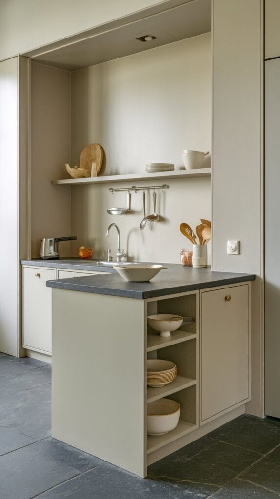 Compact kitchen island with built-in storage and workspace.