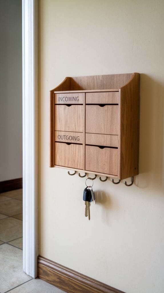 Wall-mounted mail organizer with labeled slots for letters and keys.