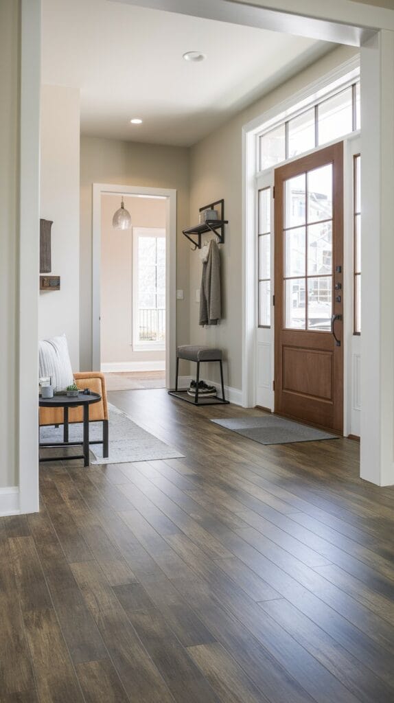Entryway with realistic vinyl plank flooring in a modern setting.