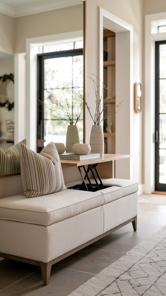 A stylish padded bench with a lift-up seat for hidden storage.