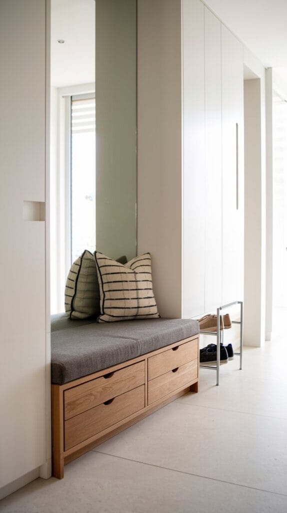 A slim storage bench with pull-out drawers in a bright and modern hallway.