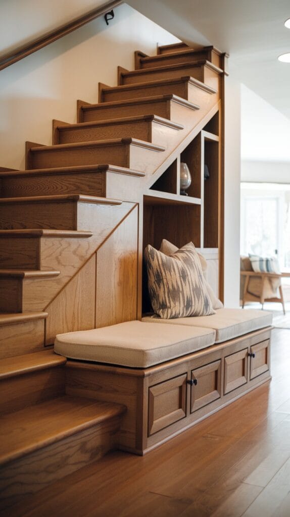  A built-in under-stair bench with hidden storage in a modern home.