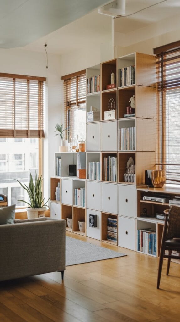 Modular storage systems in a small living room, providing flexibility and organization.
