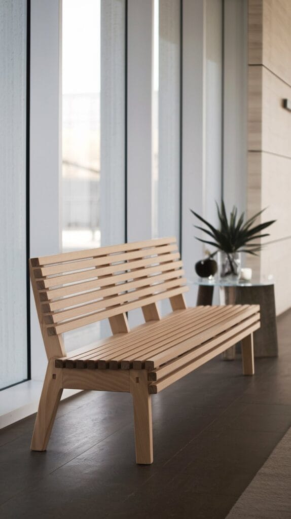 A minimalist wooden slat bench in a modern hallway with a sleek design.
