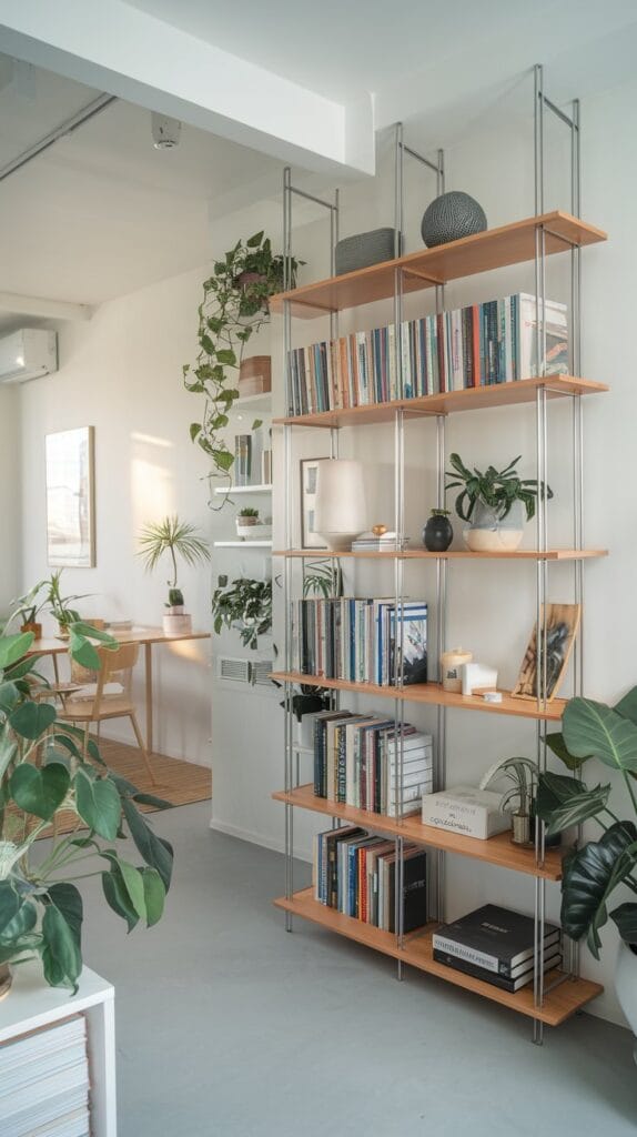 A bookshelf room divider in a small apartment, stylishly separating two living areas.