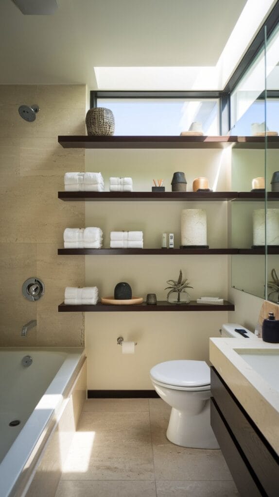 Floating shelves in a small bathroom with organized towels and toiletries.
