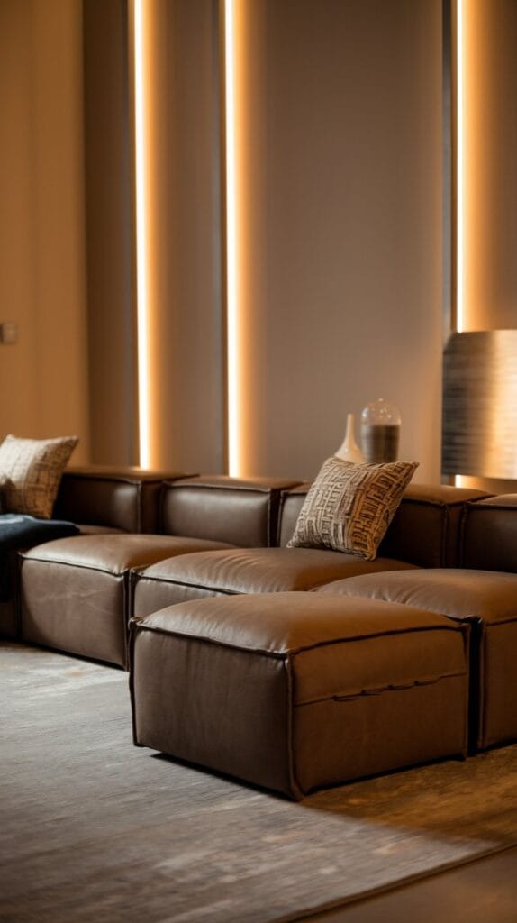 A modern modular sectional sofa in a small living room, arranged for comfort and flexibility.