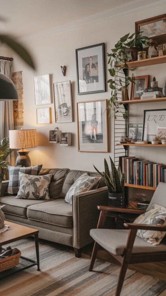 A small living room with framed art and personal photos creating a cozy feel.
