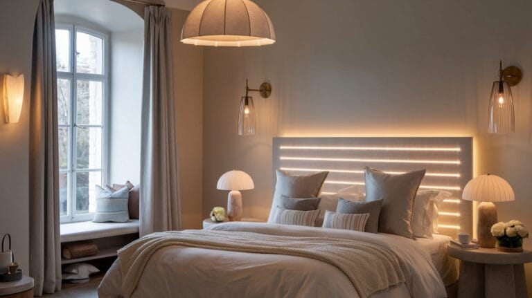 Stylish bedroom with layered lighting, including pendant lights, bedside lamps, and LED accents.